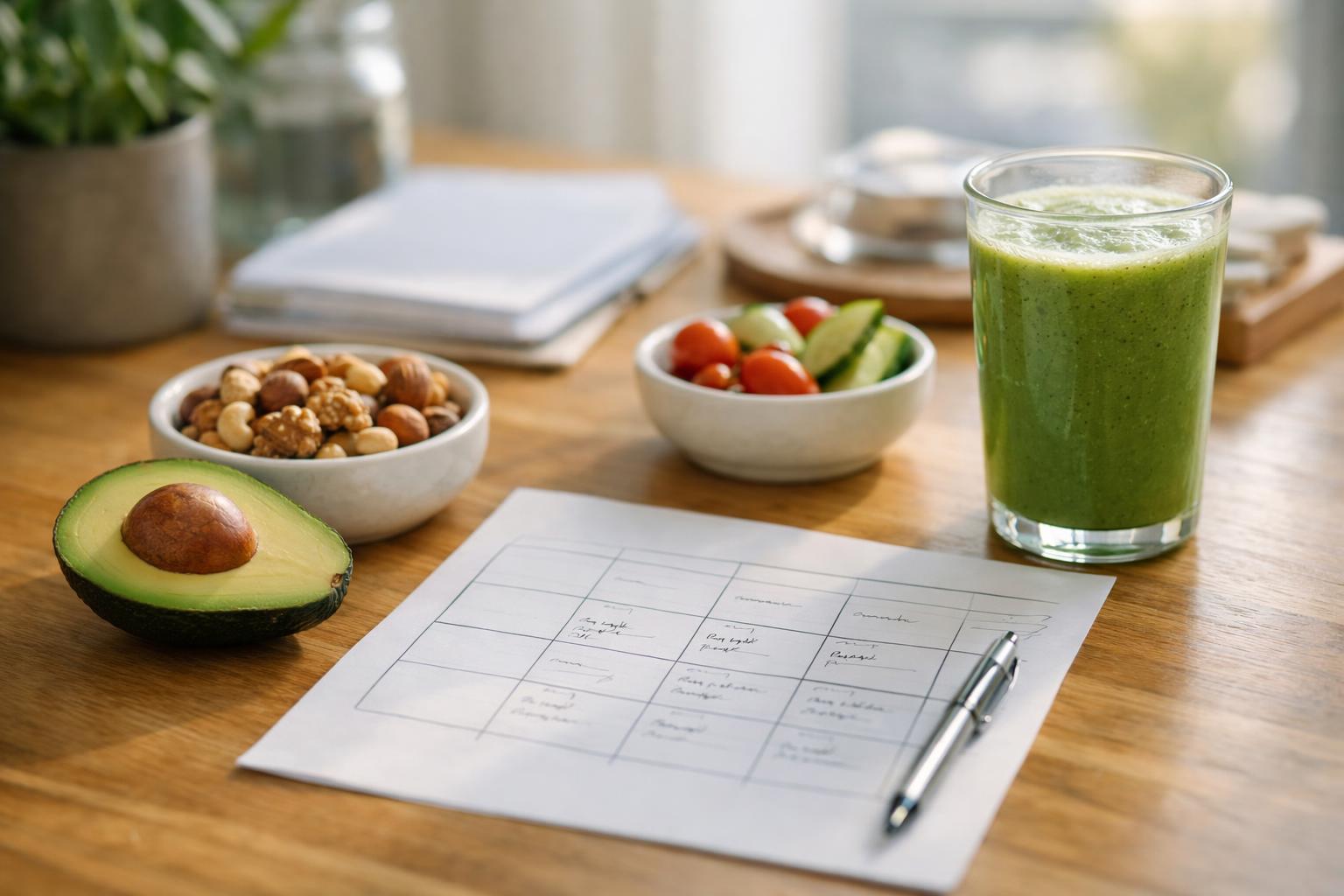 Fresh produce and notes on a kitchen table